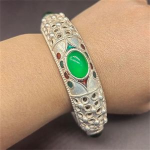 Bracelet JiaLe/Chine Imitation Antique Tibétain Argent Incrusté Vert Jade Bracelets Accessoires De Mode Fine Jewelry Hommes Femmes Couple Cadeau