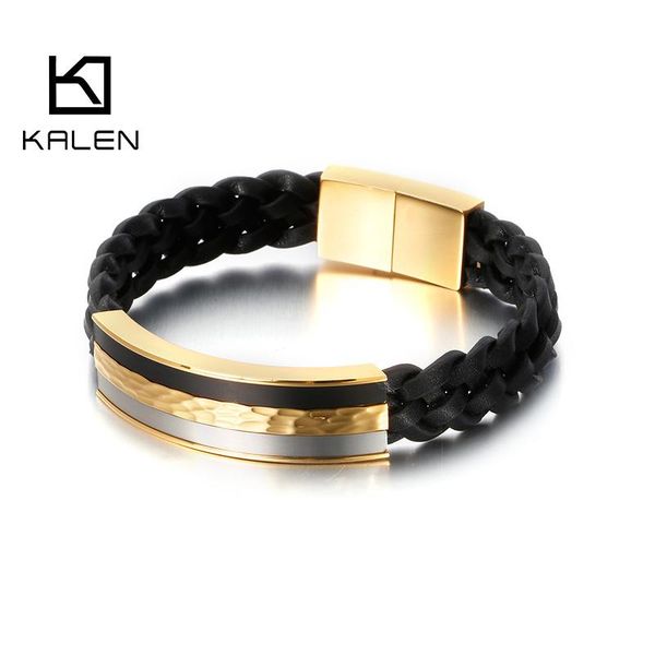 Brangle Kalen 21,5 cm Bracelet en cuir authentique noir Bracelet en acier inoxydable
