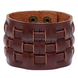 Bangle Knit Motorcycle Wide Cross Leather Cuff Mtilayer Wrap Button Verstelbare Armband Wristand Voor Mannen Vrouwen Mode-sieraden Drop De Dh9Ki