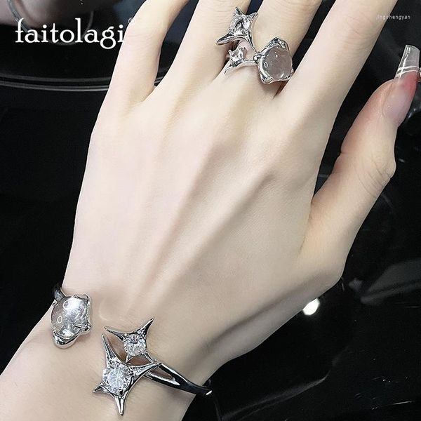 Brazalete Kpop Cruz estrella ópalo anillos pulsera conjunto Y2K estética piedra Natural pulseras Irregular geométrico anillo joyería