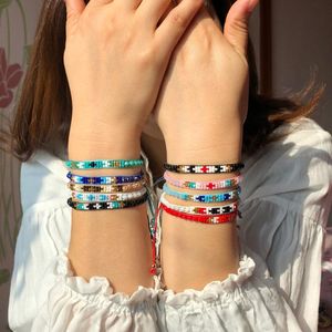 Bracelet dames mode pur à la main tissage Bracelets verre perles de riz cristal réglable coton corde bracelet femmes cadeaux