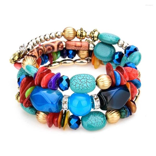 Brazalete de piedra natural de color grande con cuentas de turquesa para mujer, abalorio elástico de múltiples capas para mujer