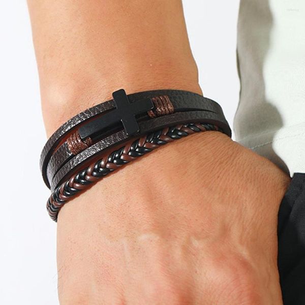 Brazalete Pulsera de cuero Hombres Aleación Negro Cruz Cierre de imán Multicapa Joyería tejida simple