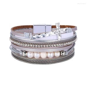 Bracelet Bracelets En Cuir Pour Femmes Perle Strass Cristal Métal Charme Large Multicouche Wrap Bracelets Bijoux