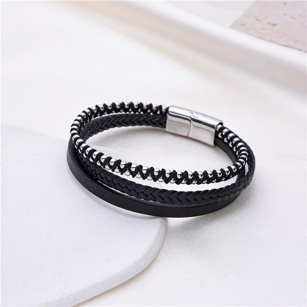 Brazalete Cuerda de cuero Pulseras de bolas Pulsera trenzada de acero inoxidable para hombres Joyería multicapa hecha a mano