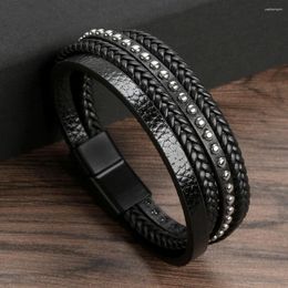 Bracelet en cuir et acier inoxydable pour hommes, accessoires de bijoux simples rivetés.