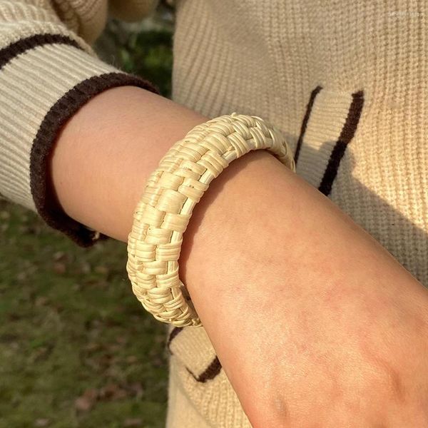 Bracelet Lifefontier Blanc Bambou Rotin Tricot Bracelets Pour Femme Bohême À La Main Wrap Poignet Bracelets Plage Bijoux Cadeaux