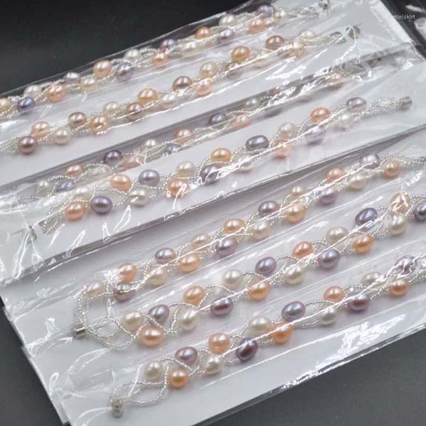 Lot de 10 bracelets de perles authentiques, 3 lignes, multicolores, perles d'eau douce, fermoir magnétique