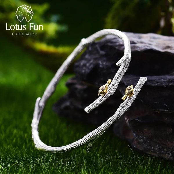 Bracelet Lotus Fun réel 925 argent Sterling naturel Original fait à la main Bijoux fins oiseau sur branche bracelet réglable pour les femmes Bijoux