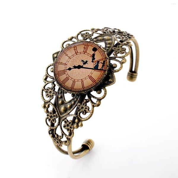 Bracelet Lureme Bijoux Vintage Temps Gem Série Horloge Avec Danseur Antique Bronze Creux Fleur Bracelet Ouvert Pour Les Femmes (06002726)