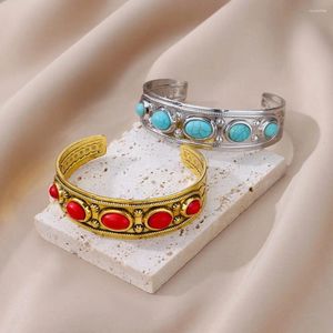 Bangle Luxe Kunstmatige Rode Steen Armband Voor Vrouwen Roestvrij Staal Goud Kleur Manchet Armbanden Vintage Sieraden Accessoires Cadeau