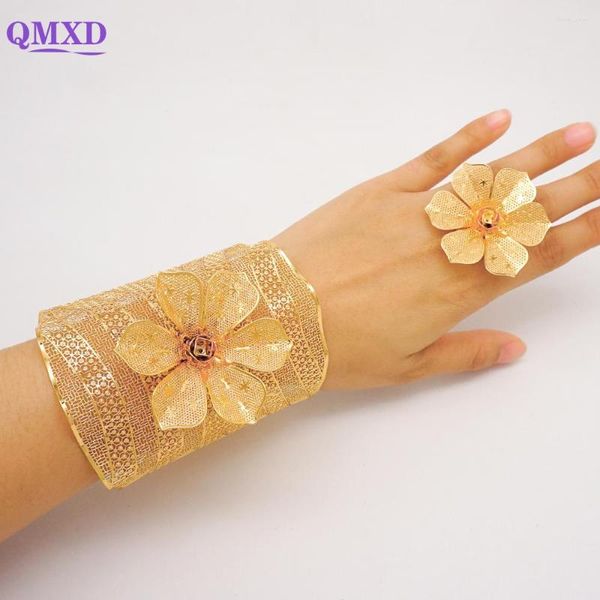 Brazalete de lujo con flor grande, brazaletes con anillo para mujer, brazalete bohemio, joyería africana de Dubái brasileña