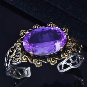 Bracelet De Luxe Charme Creux Fleur Bord Bracelet Incrustation Violet Dépasser Grand Zircon Vintage Géométrie Femmes Mariage Fiançailles Bijoux