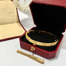 Bangle Luxe Volledige diamant steen roestvrij staal Gold Love Dames Bracelet Fashion Mens ondertekenaar Kristal schroevendraaier Schakelarmbanden met doos 51es