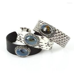 Bracelet Bijoux De Luxe Noir Gris En Cuir Ovale Naturel Niagara Bleu Pierre Avec Spot Motif Charme Réglable Ouvert Manchette Bracelets Pour Les Femmes