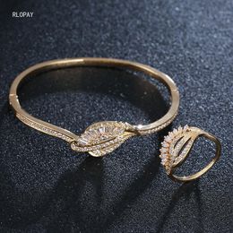 Bangle luxe bladeren bloemenring set Dubai gouden sets voor vrouwen bruiloftsbetrokkenheid kubieke zirkonia armband