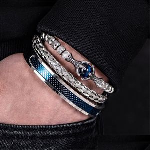 Bracelet Ensemble de luxe Hommes Bracelet en acier inoxydable Bracelets de corde à la main Bracelets d'aigle avec Tigereye Accessoires cadeaux en pierre naturelle Drop Dhpxk