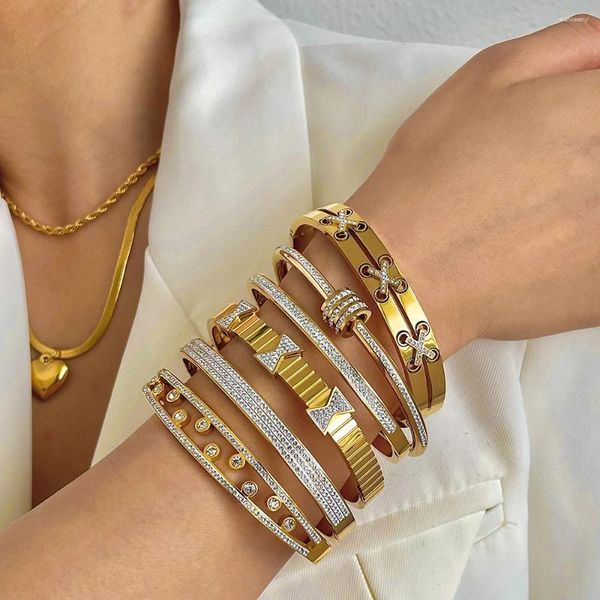 Brazalete de lujo de acero inoxidable para mujer, cuentas rodantes, nudo de lazo, pulseras de cadena de corazón, joyería en capas apilable de circón