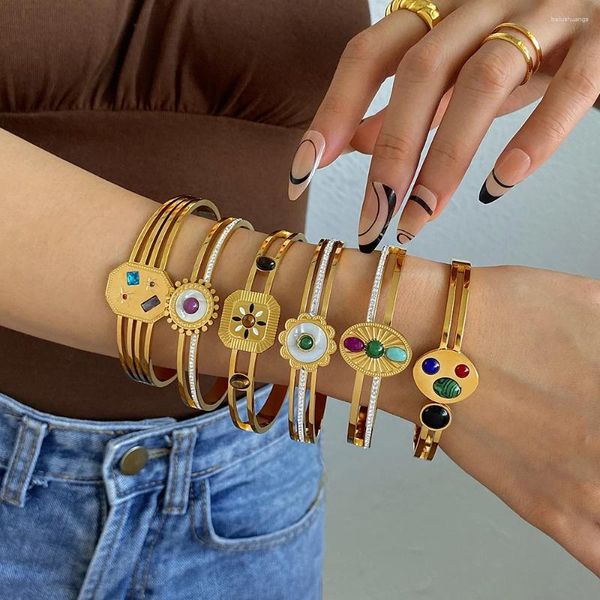 Brazalete de lujo Pulseras de acero inoxidable Brazaletes Disco colorido con incrustaciones de piedra de concha para mujeres Unisex Charm Joyería de muñeca Regalos Pulseras