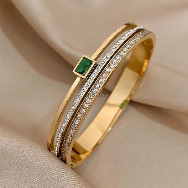 Brazalete de acero inoxidable de lujo de brazalete para mujer Gold Silver Color Pareja Pulseras Green White Drinestone Wide Bangle Gift 24411