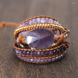 Bangle lzhlq natuursteenarmband paarse kwarts lederen wrap armbanden voor vrouwelijke roos edelstenen kristallen kralen bohemia sieraden 5 strengen 5 strengen