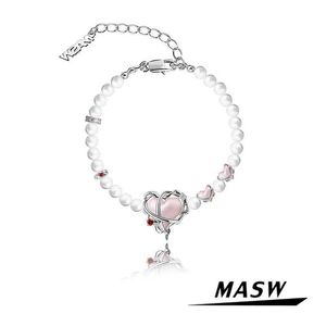 Bangle Masw Original Design Pink Heart Advanced Valentines Day Gift High Quality Copper Pearl Womens bijoux Q240506
