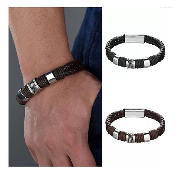 Brazalete de cuero genuino para hombre, pulsera hecha a mano, pulsera tejida de doble capa, joyería de moda para hombre de acero inoxidable