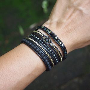 Brazalete Hombres y Mujeres Bohemian Black Mix Natural Stone Beadwork 5 Wraps Pulsera Joyería 230620