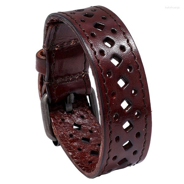 Bangle Men genuino cuero ancho de cuero pulseras de vaca masculina vintage syle hueco de diseño hueco joyas de pulsera pequeños regalos