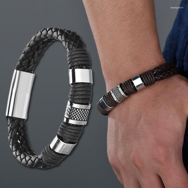 Bangle Men Punk Weave de cuero Pulsera de tejido de zinc Aleación Black Brown Pu Boys brazales