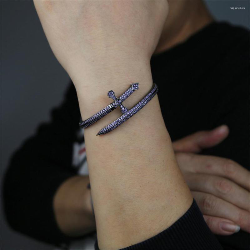 Bangle Men's Cross Sword of Justice Design Open Bangles Purple Zircon Bracelets Bracelets Black Plated for Male Hiphop Party Jewelry