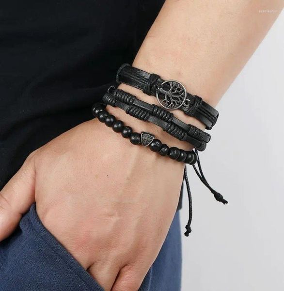 Bracelet en cuir pour hommes, ensemble Vintage, arbre de paix tissé, alliage de vie Simple