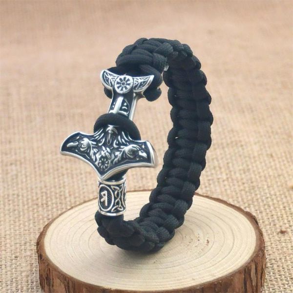 Bracelet homme Viking acier inoxydable corbeau marteau Bracelet nordique boussole Rune perles noir parapluie cordon tissé à la main