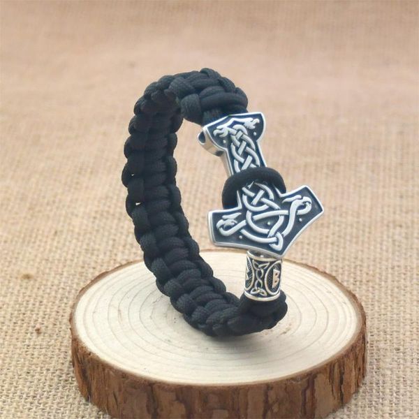 Bracelet Viking en acier inoxydable pour hommes, en forme de marteau, motif Dragon, perles de Rune nordique, cordon de parapluie noir tissé à la main