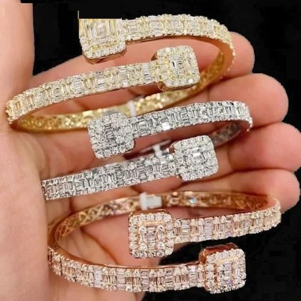 Bangle Men Femmes Bijoux hip hop avec baguette Cubic Zirconia Pavé Open Geométrique Rectangle Bracelets Cluster Cluster Wholesa253X