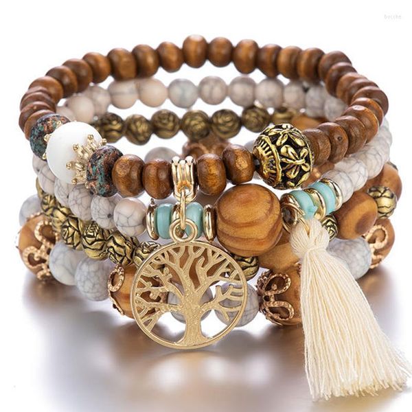 Brazalete estilo bohemio de México, accesorios para mujer, pulsera de cuentas de madera multicapa, colgante de borla de árbol de la vida, joyería elástica