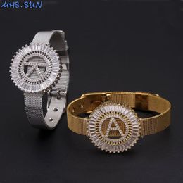 Bracelet MHS.SUN Bracelet de style de montre en acier inoxydable 26 alphabets AAA Zircon cubique A Z lettres pour femmes cadeau de bijoux initial 230926