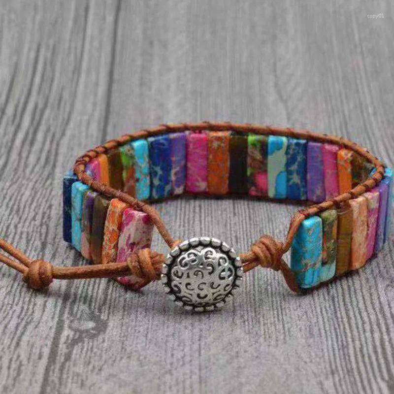 Bangle Milangirl Unisex Handmade Colorful Beaded 7 Chakra Bracelet Bohemian Leather Natural Stone Adjustable Wrap Party