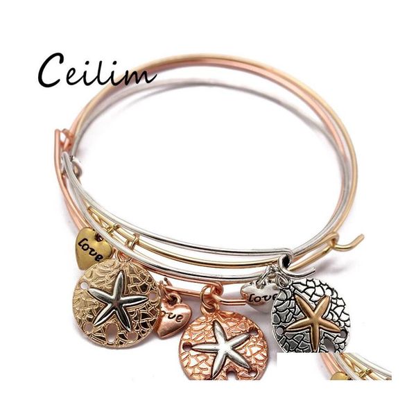 Bangle Minimalistisch Europees Rose Goud Legering Hart Hanger Zeester Bedels Uitbreidbare Armband Fit Dagelijks Vakantie Cadeau Groothandel Drop D Otty6