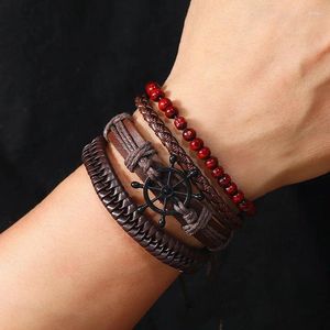 Bangle Mix 4 stks / set Gevlochten Wrap Lederen Armbanden Voor Mannen Vrouwen Vintage Houten Kralen Etnische Tribal Polsbandjes Armband Roer