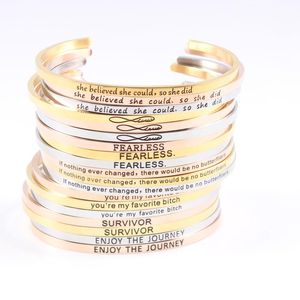 Brazalete de acero inoxidable 316L de colores mezclados con cita de inspiración positiva grabada, brazalete Mantra para mujeres y hombres, joyería