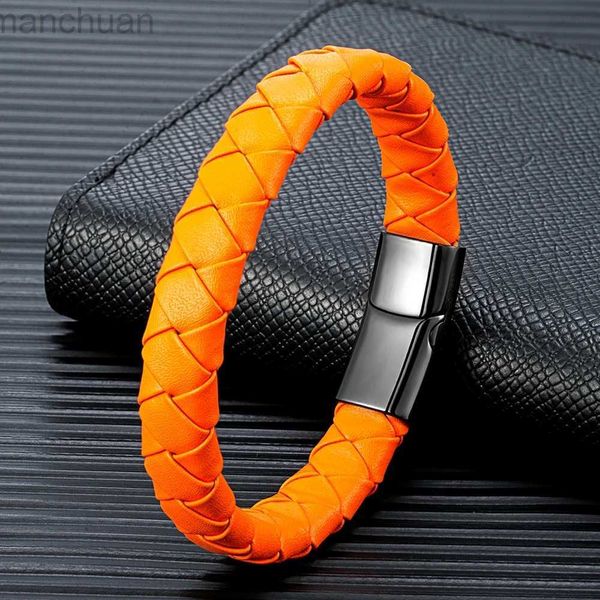 Bracelet MKENDN Style Simple Hommes Femmes Tressé Véritable Bracelet En Cuir Orange Noir En Acier Inoxydable Boucle Magnétique Bracelet Cadeaux Homme ldd240312