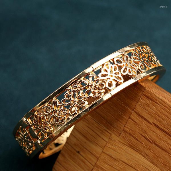 Bracelet bijoux marocains bracelets plaqué or creux fleur main pour femmes arabe mariée Pulseras Mujer