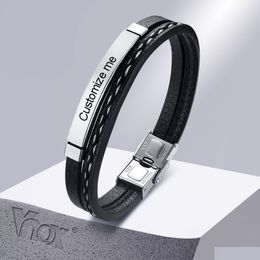 Bracelet Mti Couche Bracelets En Cuir Pour Hommes Femmes Gravure Personnalisable En Acier Inoxydable Casual Bracelet Personnalisé 21Cm Drop Deliv Dhg Otb7W