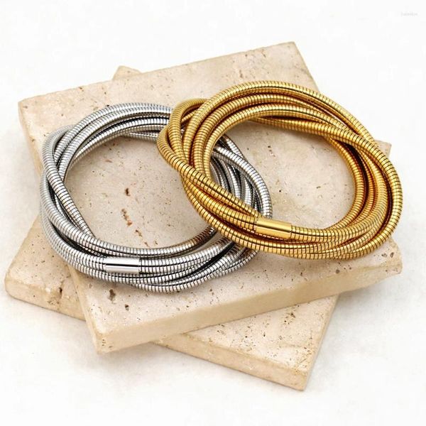 Brazalete múltiples capas torcidas forma de primavera 304L pulsera de acero inoxidable chapado en oro creativo para mujeres joyas a mano