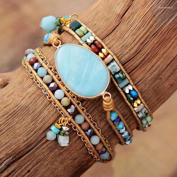 Bracciale rigido avvolgente in pelle multistrato con fili di perline di amazzonite in pietra naturale Perline Boho Dropship all'ingrosso di gioielli