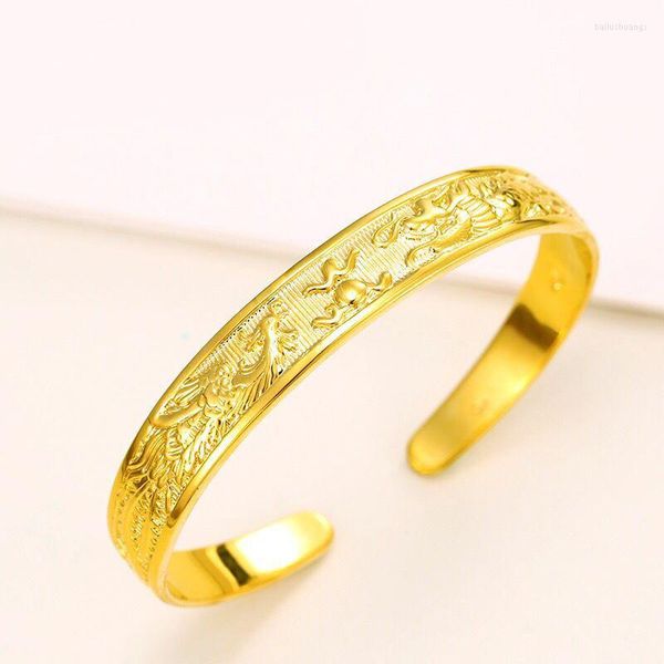 Brazalete MxGxFam chino tradicional dragón y Phoenix brazaletes Color oro puro para mujeres de boda