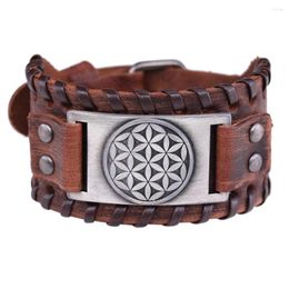 Bangle My Shape Vintage Bracelets en Cuir Véritable pour Hommes Fleur de Vie Bracelets Viking Noir Marron Bronze Taille réglable Bijoux Cadeau