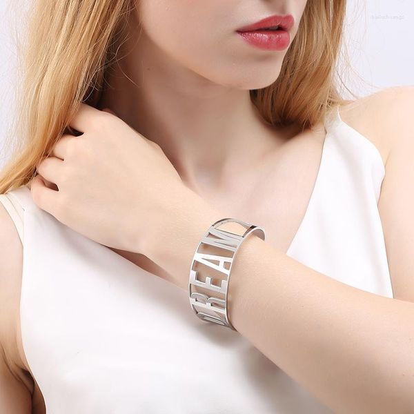 Bracelet MYLONGINGCHARM Découpe Creux Mot-Rêve-Femelle Ouvert Manchette Bracelets Bracelets À La Mode Taille Intérieure 67mm Largeur 30mm Acier 1pc