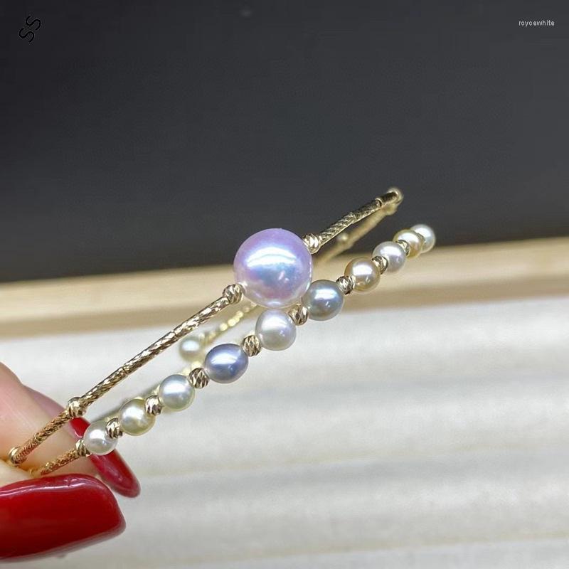 Bransoletka Bangle Natural Akoya Seawater Pearl 3-8 mm koralika okrągłe metalowe koło nadgarstka